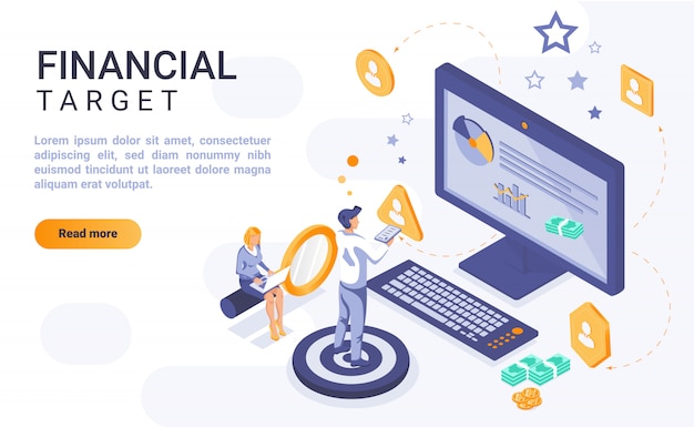 Financial target landing page banner  with isometric illustration