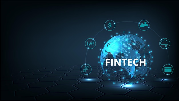 Tecnologia finanziaria e business world classicona fintech e cose su sfondo tecnologico blu scuro rappresenta la connessione tecnologia finanziaria e business world class