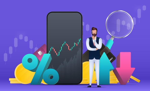 Financial trading banner. a businessman is pondering an idea. percentage with up and down arrows. wallet, bank card, schedule, magnifier, phone. vector