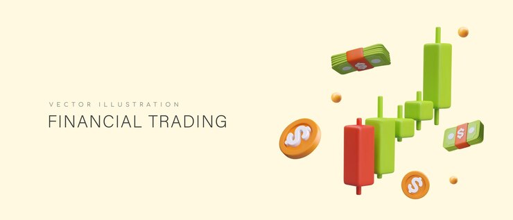 Financial trading Interval chart in form of Japanese candles 3D coins banknotes