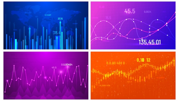 財務トレンド画面、投資グラフ、抽象的なデータのワイドスクリーングラフベクトルイラストセット