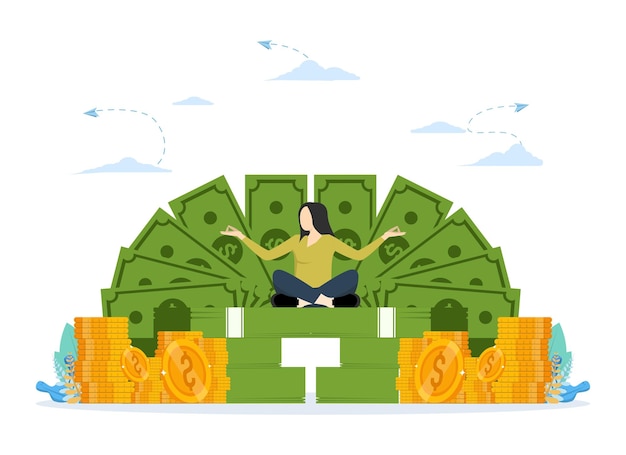 financial well being concept illustration with successful woman meditating on pile of banknotes