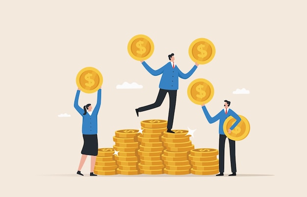 financially wealthy leadership achievements in finance financial professionals or bankers businessman and employees standing on gold coins
