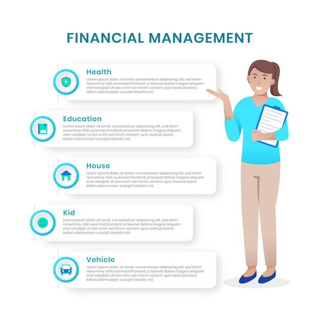 Vector financieel beheer infographic met vrouwenkarakter