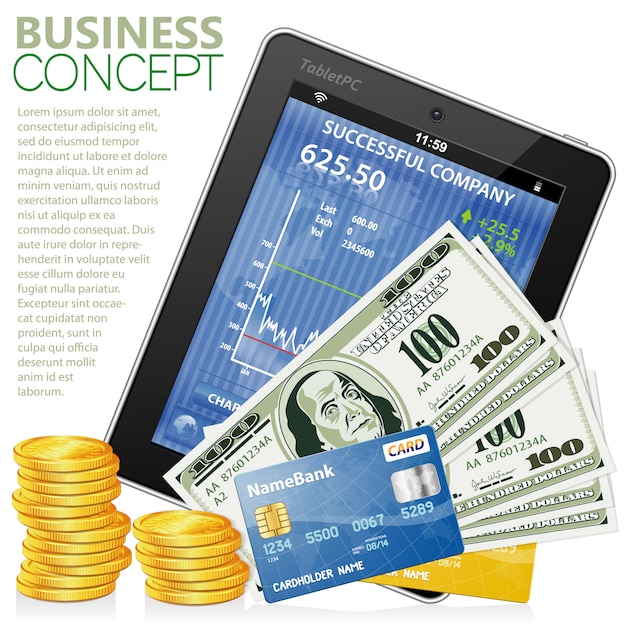 Financieel concept met tablet-pc, dollars, creditcards en munten