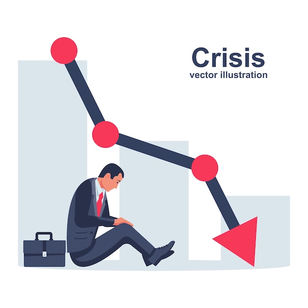 Financieel crisisconcept. probleem ineenstorting crash. huilende zakenman zit onder dalende grafiek. verlies van inkomen. kapitaal verloren. kostenbesparing. vector plat ontwerp. dalend diagram. beneden winst.