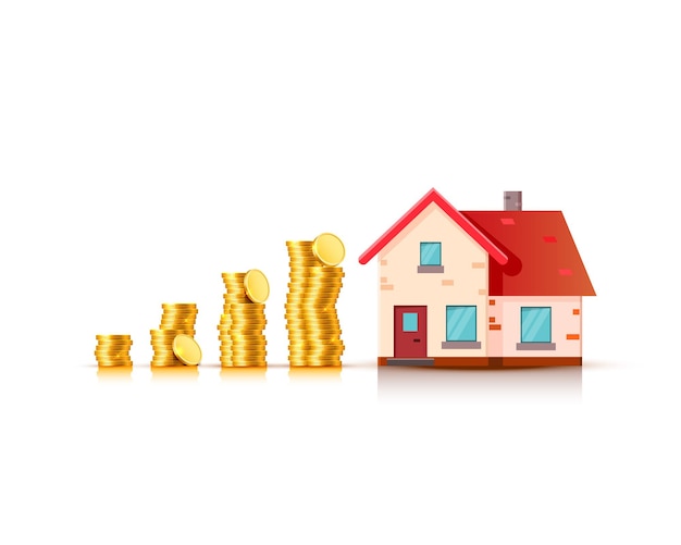 Financieel onroerend goed, gouden munten en huis. vector illustratie