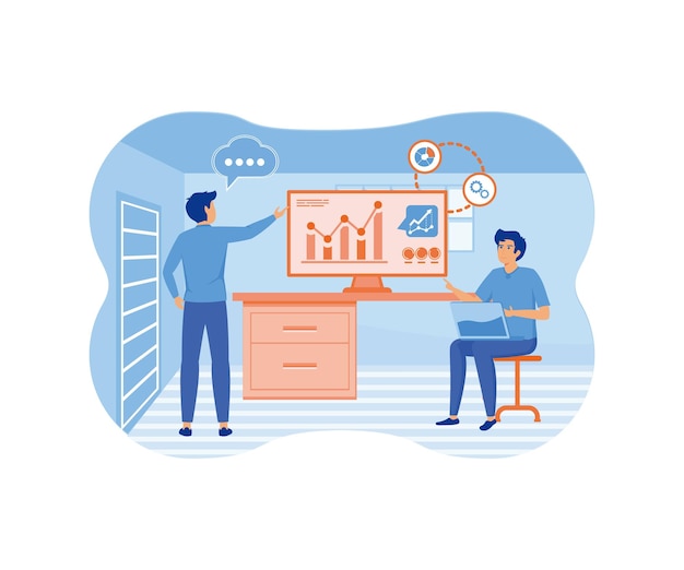 Financiële adviseur werkt en Bedrijfsbeleggingsplanning op monitor rapport grafiek twee bedrijfsteamvergadering voor analyse marketing platte vector moderne illustratie