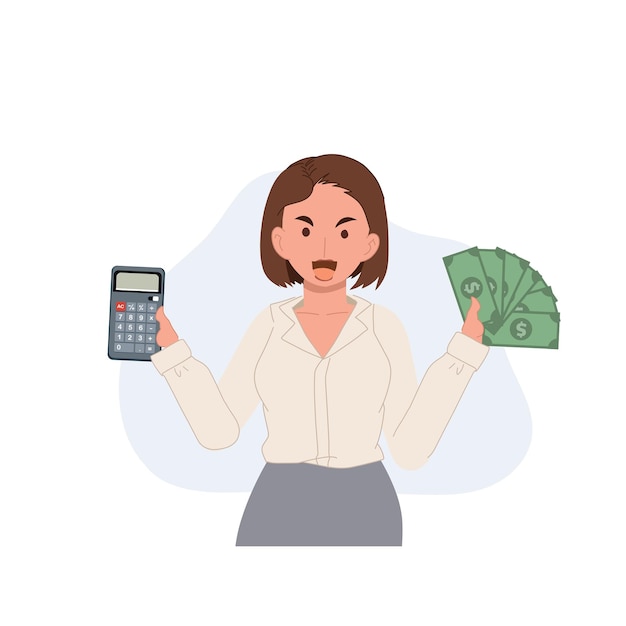 Financiële berekeningen boekhoudkundig concept vrouw met rekenmachine en geldnota in handen Vectorillustratie