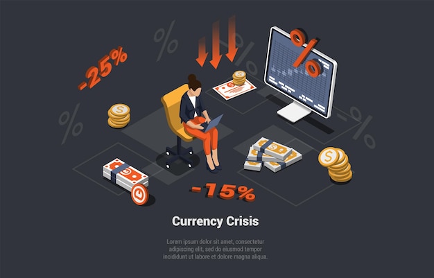 Financiële crisis Inflatie Valutadevaluatie Rentevoetimpact voor voorraad Investering Meisje volgt de dalende activa Prijsstijging Onstabiele nominale waarde Isometrische 3D-vectorillustratie