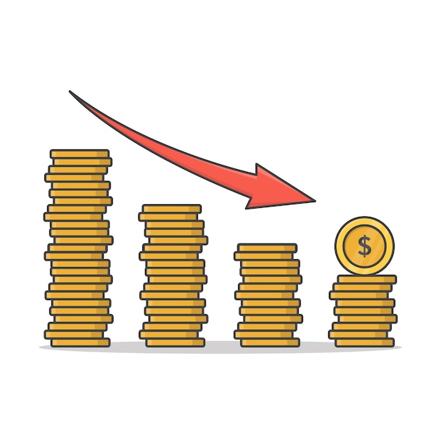 Financiële groei concept met stapels gouden munten pictogram illustratie. afnemende stapels munten plat pictogram