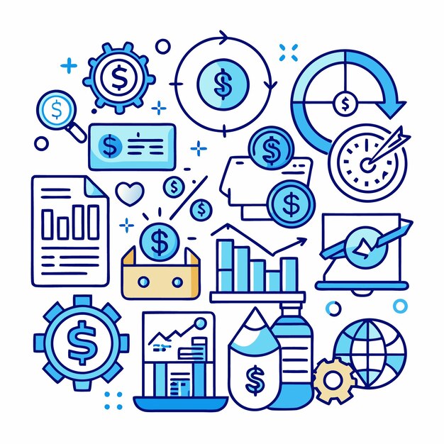 Financiële iconen met dollartekens, grafieken, tandwielen en grafieken