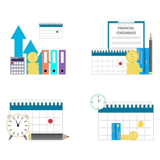 Vector financiële kalender en betalingsschema verhogen inkomsten en rapporteren financiële overzichten