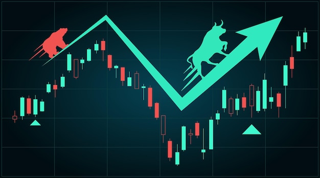 Financiële markt analyseert kaarsstok golvend omhoog omlaag trendpijl met stier en berengrafiekgrafiekvector