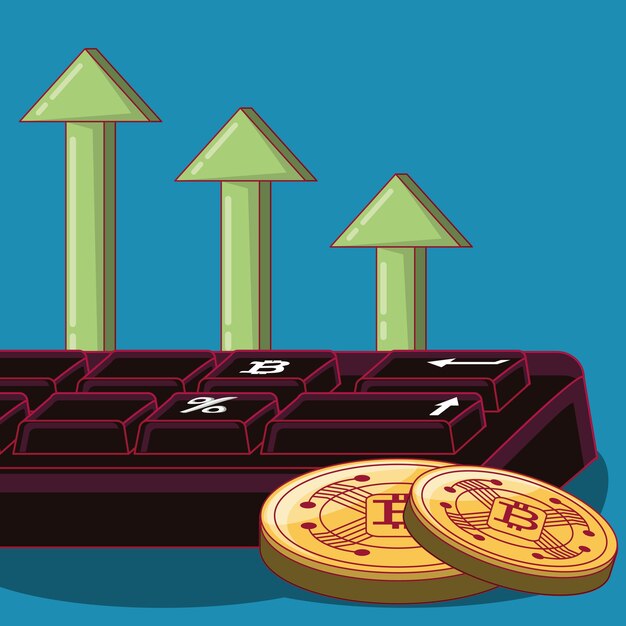 financiële pijlen met toetsenbord en bitcoin-munten