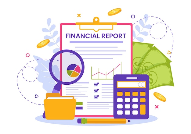 Financiële rapportillustratie met gegevensgrafieken en diagrammen over de analyse van financiële transacties