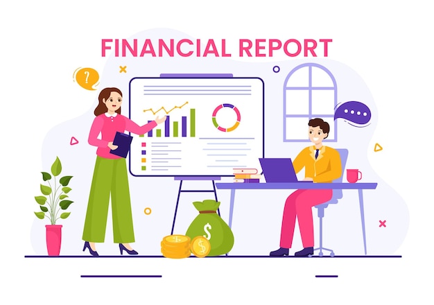 Financiële rapportillustratie met gegevensgrafieken en diagrammen over de analyse van financiële transacties