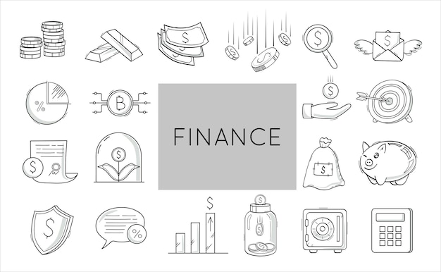 Vector financiële vector set van pictogrammen in doodle stijl