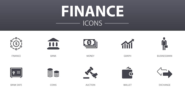 Financiën eenvoudig concept pictogrammen instellen. Bevat iconen als Bank, Money, Graph, Exchange en meer, kan worden gebruikt voor web, logo, UI/UX