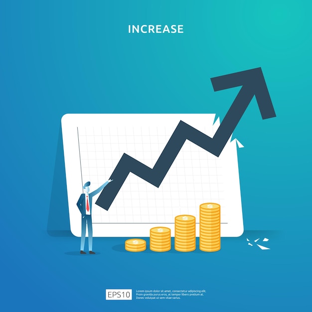 Financiën prestatie concept. bedrijfswinststijging met groei pijl-omhoog en mensenkarakter. inkomen salaris verhogen marge-inkomsten met dollarteken. rendement op investering roi illustratie