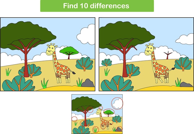 Vector find 10 differences in the giraffe picture