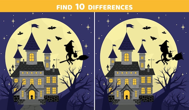 Find 10 differences halloween scary castle halloween game flat cartoon vector