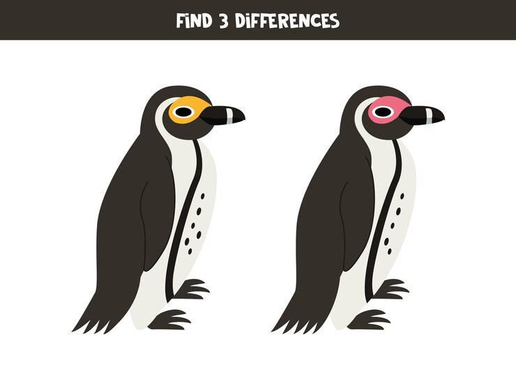 Vector find 3 differences between two cute cartoon african penguins