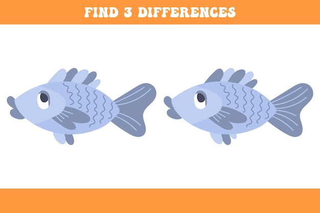 Find 5 differences between two cartoon fish Children's logic game educational puzzle vector