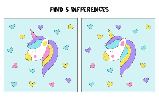 Find 5 differences between two pictures of unicorns.