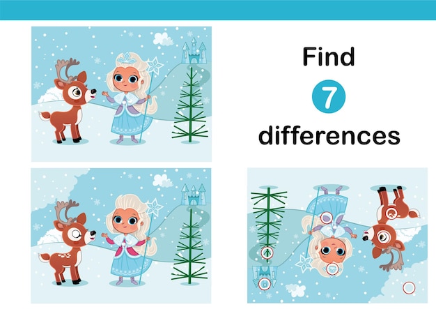 Find 7 differences education game for children featuring little mermaid vector illustration