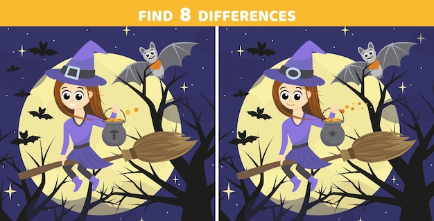 Find 8 differences witch on broom halloween game flat cartoon vector