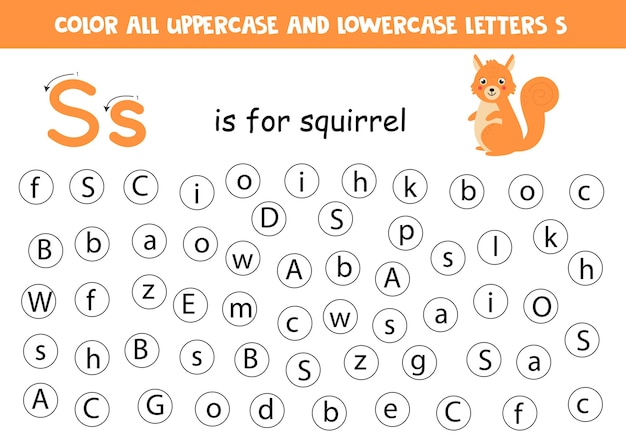 Найдите все буквы S. Учебный лист для изучения алфавита. Буквы ABC. S - это белка.