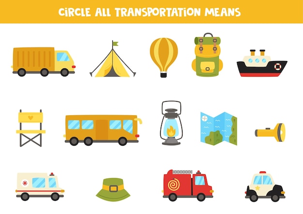 Vector find all transportation means educational worksheet for children