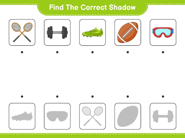 Вектор Найдите и сопоставьте правильную тень ракеток для бадминтона, гантелей, мячей для регби, очков и обуви.