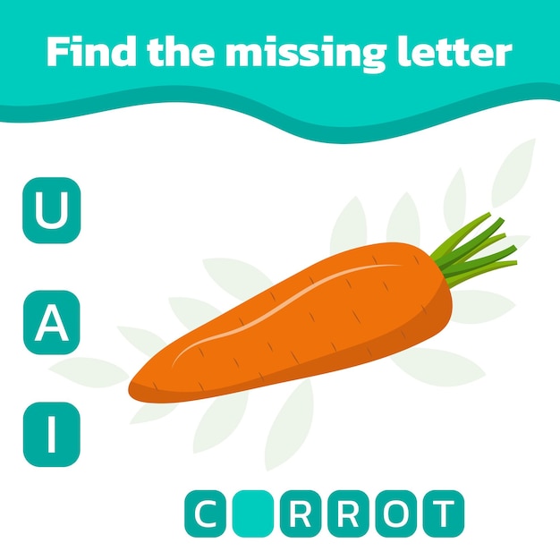 Найдите и напишите недостающую букву. рабочий лист для образования. мини-игра для детей. векторная иллюстрация с морковью.