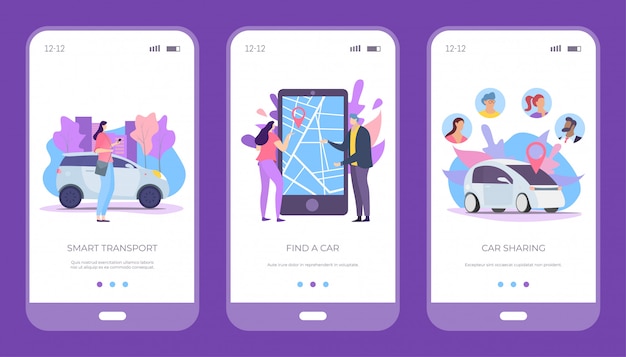 Вектор Найдите автомобиль, умный переход и комплект делить автомобиля, иллюстрацию. прокат автомобилей, приложение для смартфонов онлайн.