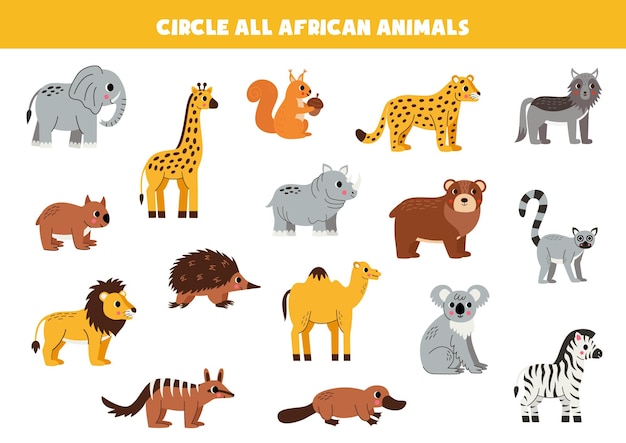 Find and circle all African animals Logical game for kids