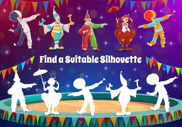 Find circus clown silhouette, kids game riddle