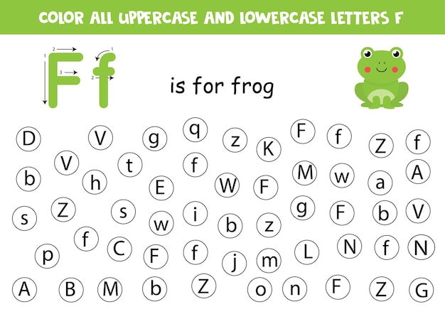 Find and color all letters F Educational worksheet for learning alphabet