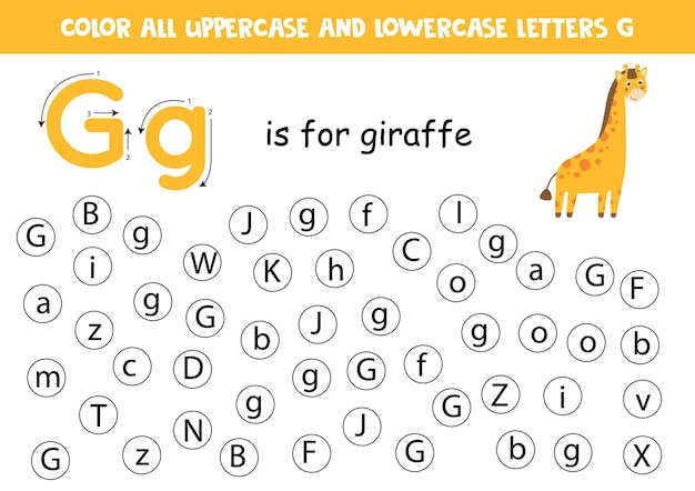 Trova e colora tutte le lettere g foglio di lavoro educativo per l'apprendimento dell'alfabeto