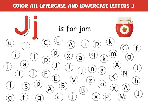 すべての文字 J を見つけて色付けする アルファベット ABC 文字 j を学習するための教育ワークシートはジャム用です