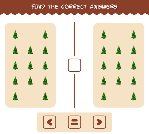 Vector find the correct answers of cartoon christmas tree. searching and counting game. educational game for pre shool years kids and toddlers