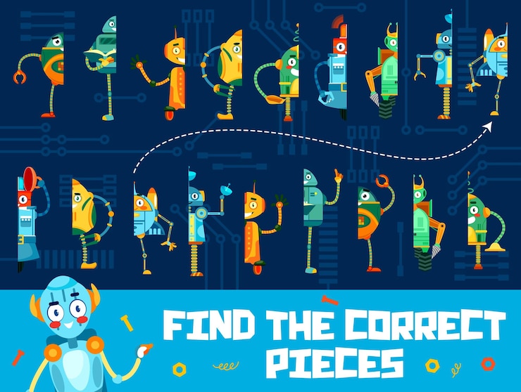 Vector find correct pieces of cartoon funny robots game