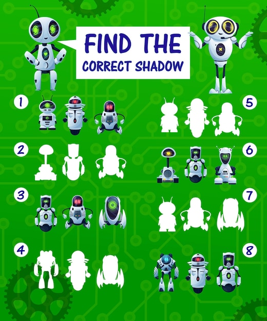 Find the correct robot shadow kids riddle, vector match game with cartoon cyborg silhouettes. Children logic test with androids and artificial intelligence bots. Education task for mind development