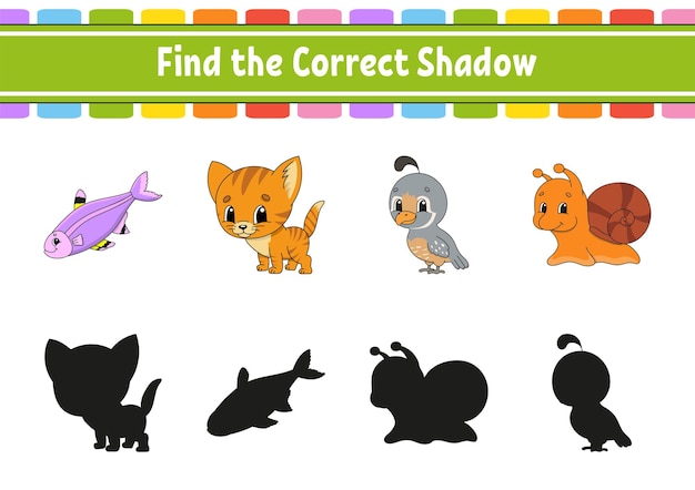 Trova l'ombra corretta. tema animale. foglio di lavoro per lo sviluppo dell'istruzione. gioco di abbinamento per bambini.