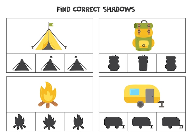 캠핑 요소의 정확한 그림자 찾기 어린이를 위한 인쇄 가능한 클립 카드 게임