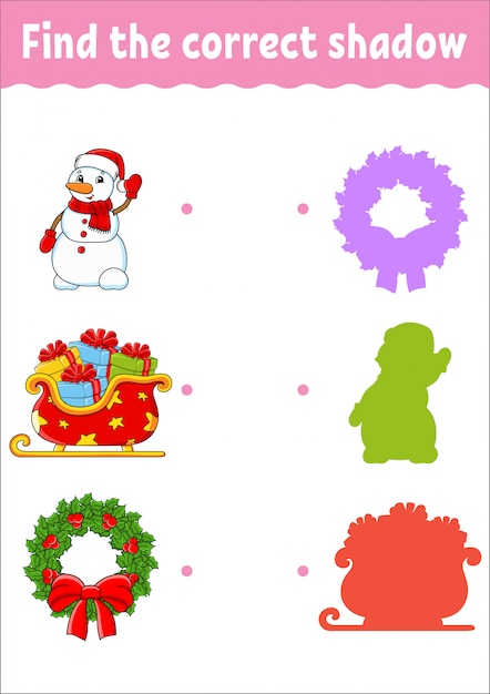 Find the correct shadow. christmas theme. education developing worksheet.