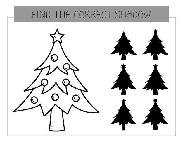 Find the correct shadow coloring book with christmas tree Coloring page educational game for kids Cute cartoon christmas tree Shadow matching game Vector illustration