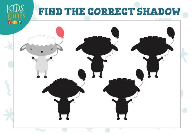 Найдите правильную тень для милой мультяшной овцы, образовательной мини-игры для детей дошкольного возраста. Векторная иллюстрация с 5 силуэтами для головоломки.
