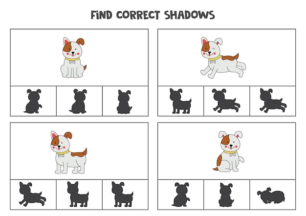 Find correct shadow of cute dogs printable clip card games for children